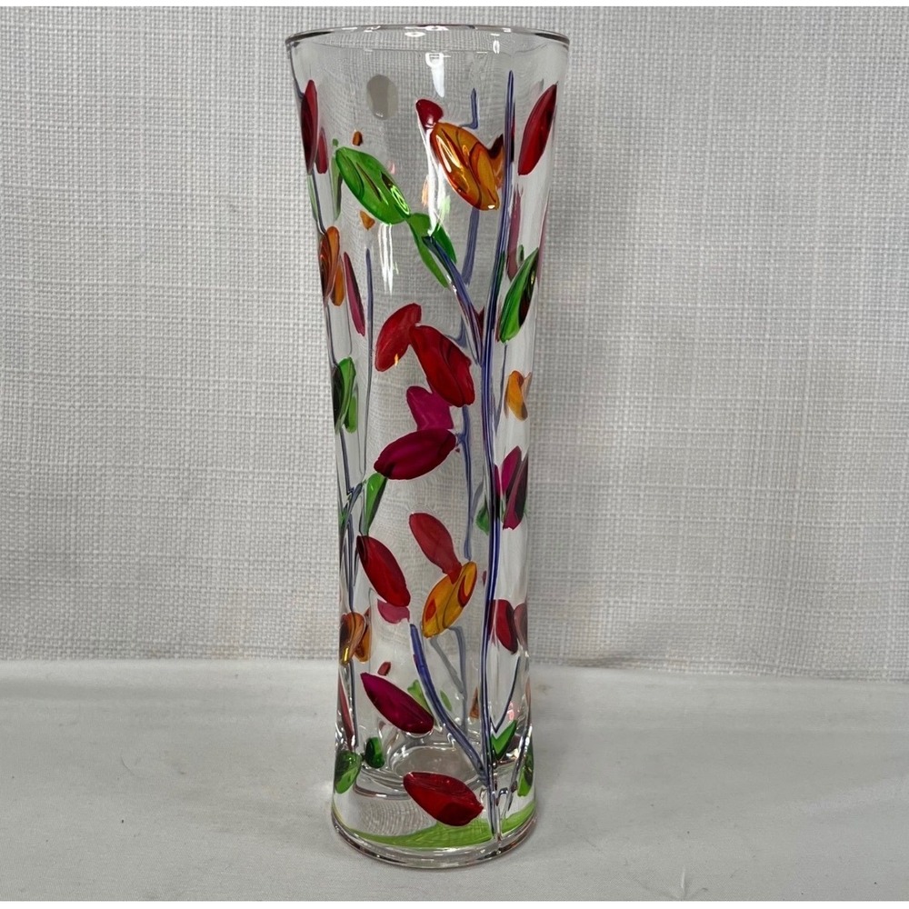 Murano Glass Bud Vase Hand Painted Floral Leaf Italy Clear Multi Color 7.25 inch
